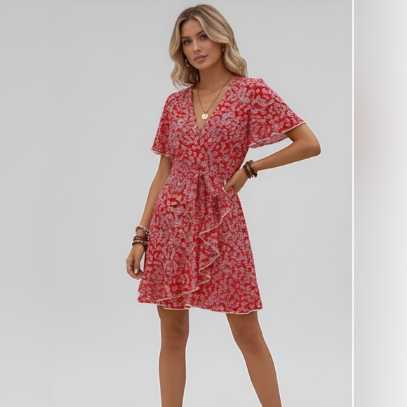 Frenchy Ditsy Floral Print Butterfly Sleeve Ruffle Trim Faux  Wrap Dress - Picture 2 of 9